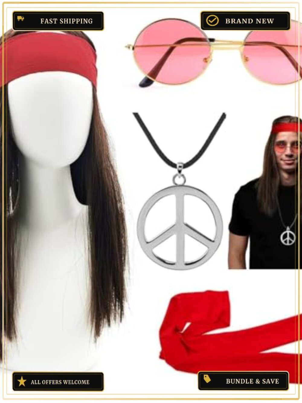 Men's Hippie Costume Set Wig Sunglasses Peace Necklace Fancy Dress